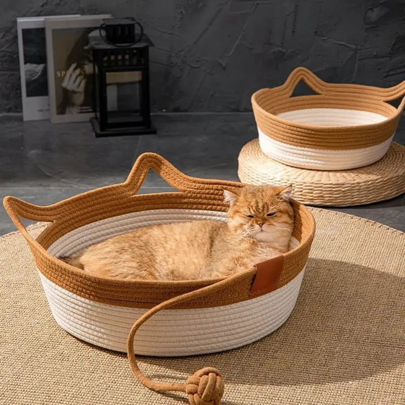 Zwei khaki-weisse Katzenbetten mit Katzenohren, vorne mit liegender Katze und Spielball an einer Schnur.