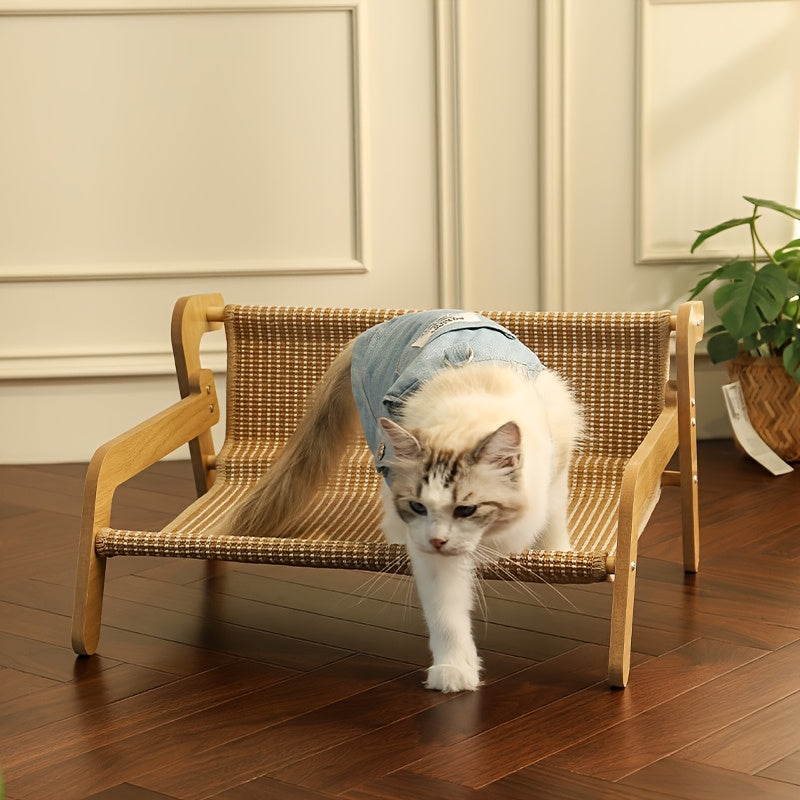 Langhaarige Katze mit blauem Kleidungsstück steigt vom hölzernen Katzensofa auf den Parkettboden.