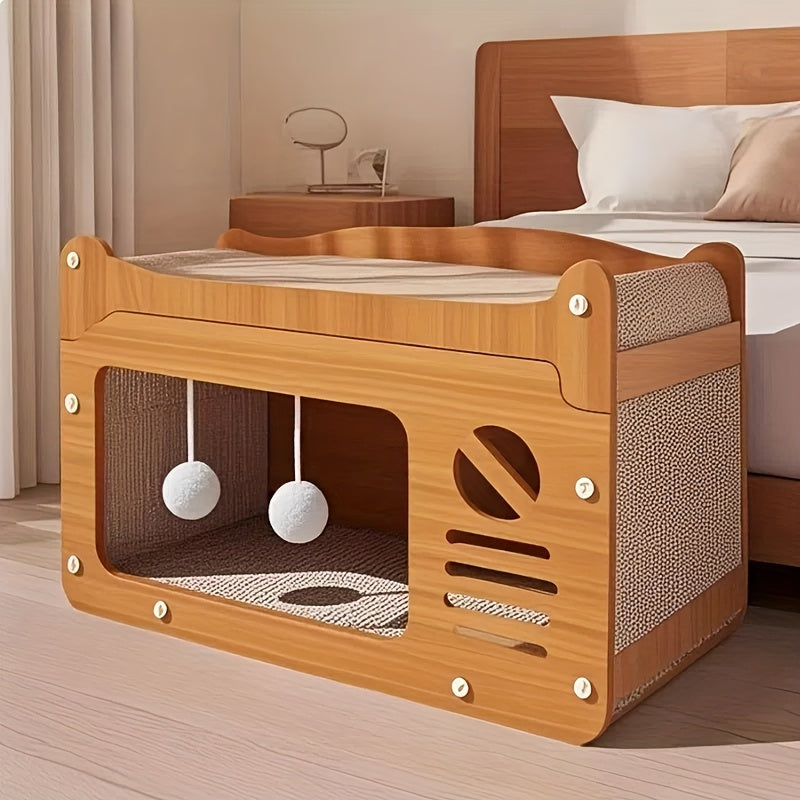 Katzenhaus im TV-Design mit Kratzflächen und zwei hängenden Spielbällen auf dem Boden neben einem Bett.
