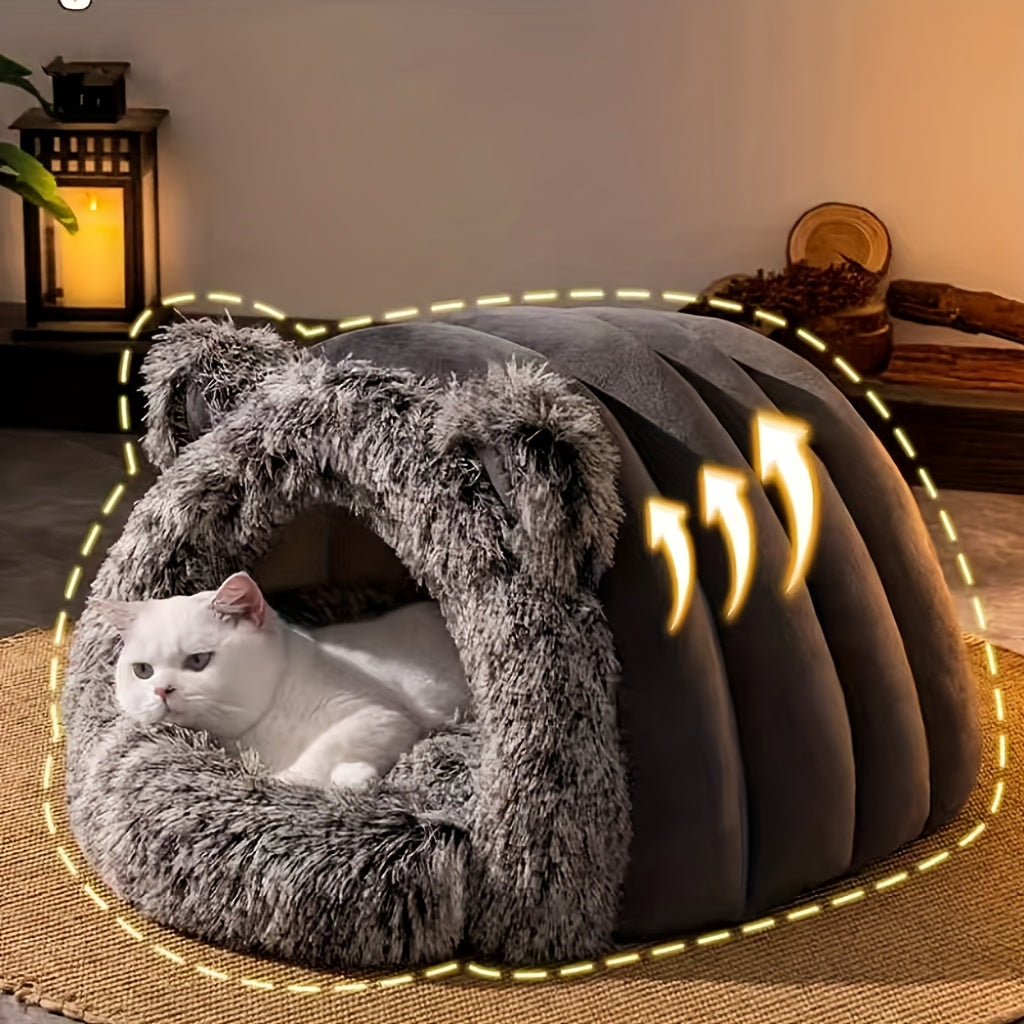 Weisse Katze liegt am Eingang der grauen Katzenhöhle, ergänzt durch grafische Pfeile und eine gestrichelte Umrandung.