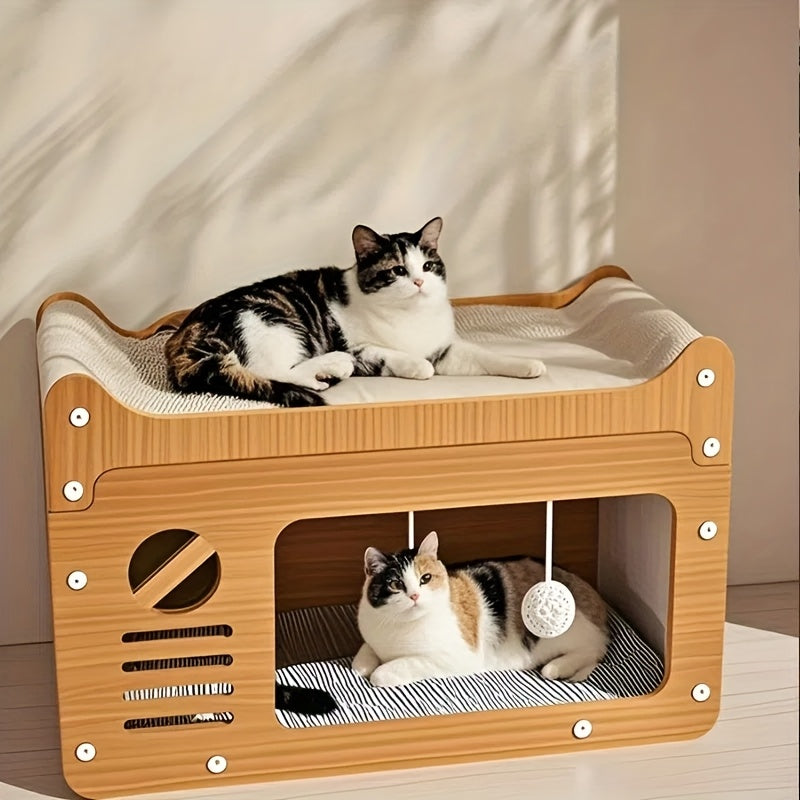Zwei Katzen ruhen auf den beiden Ebenen des Katzenhauses im TV-Design, eine oben und eine im unteren Rückzugsbereich.