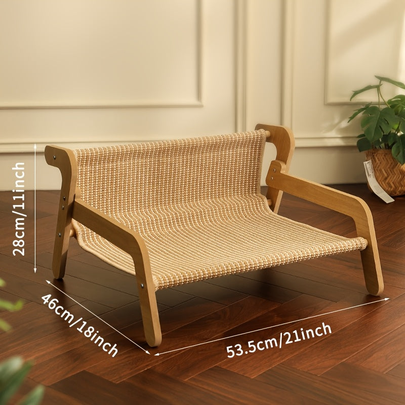 Katzensofa aus Holz mit Massangaben: 53,5 cm Breite, 46 cm Tiefe und 28 cm Höhe.