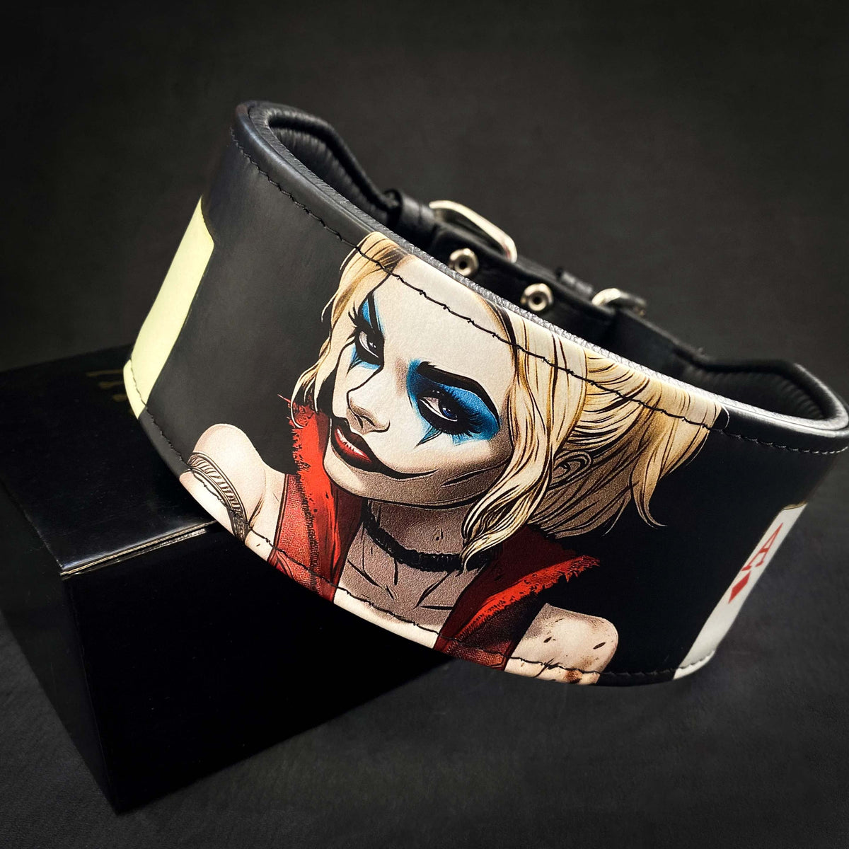 Schwarzes Harley-Lederhalsband mit farbigem Figurenprint und schwarzer Polsterung auf dunklem Hintergrund