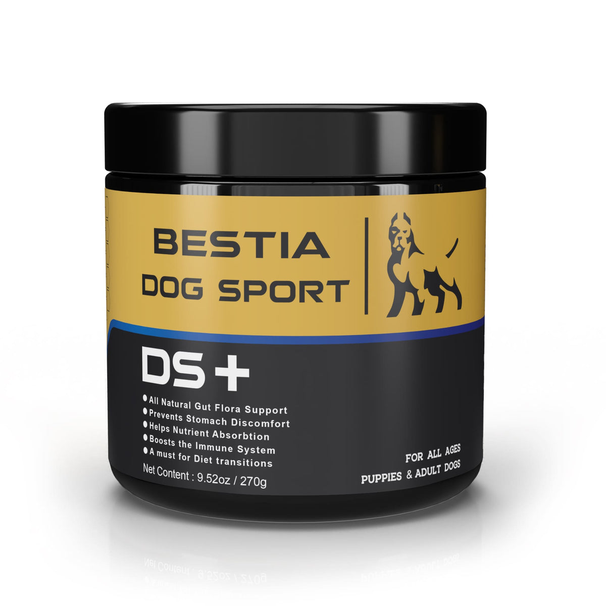 Schwarze BESTIA-Dog-Sport-DS+-Dose mit gold-schwarzem Etikett, blauem Streifen und Inhaltsangabe 270 g