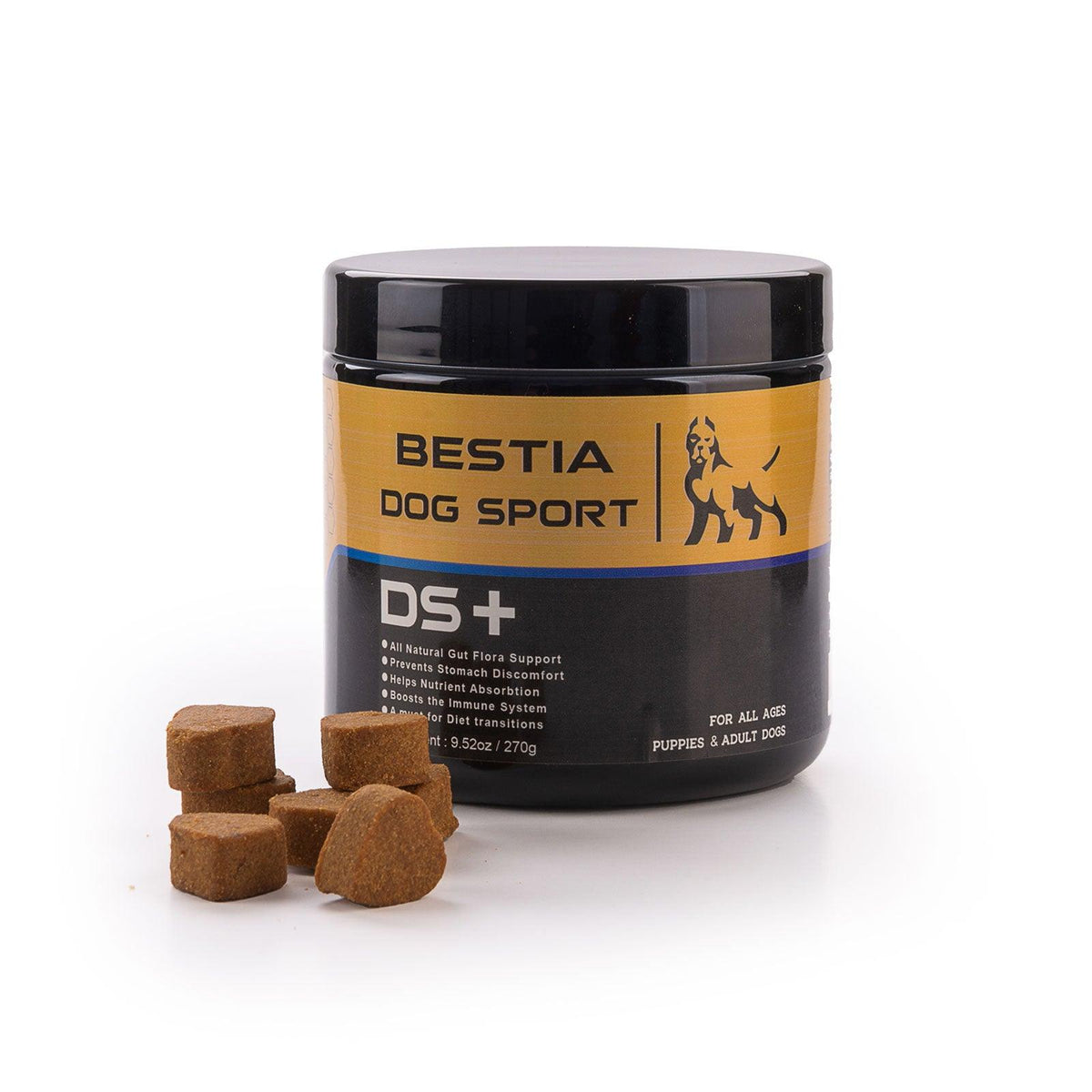 BESTIA-Dog-Sport-DS+-Dose neben mehreren braunen Futterergänzungsstücken auf weissem Hintergrund