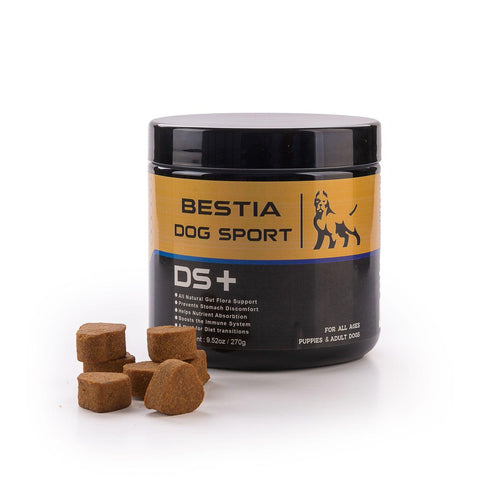 BESTIA-Dog-Sport-DS+-Dose neben mehreren braunen Futterergänzungsstücken auf weissem Hintergrund