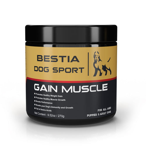 Schwarze BESTIA-Dog-Sport-Gain-Muscle-Dose mit gold-schwarzem Etikett und Inhaltsangabe 270 g