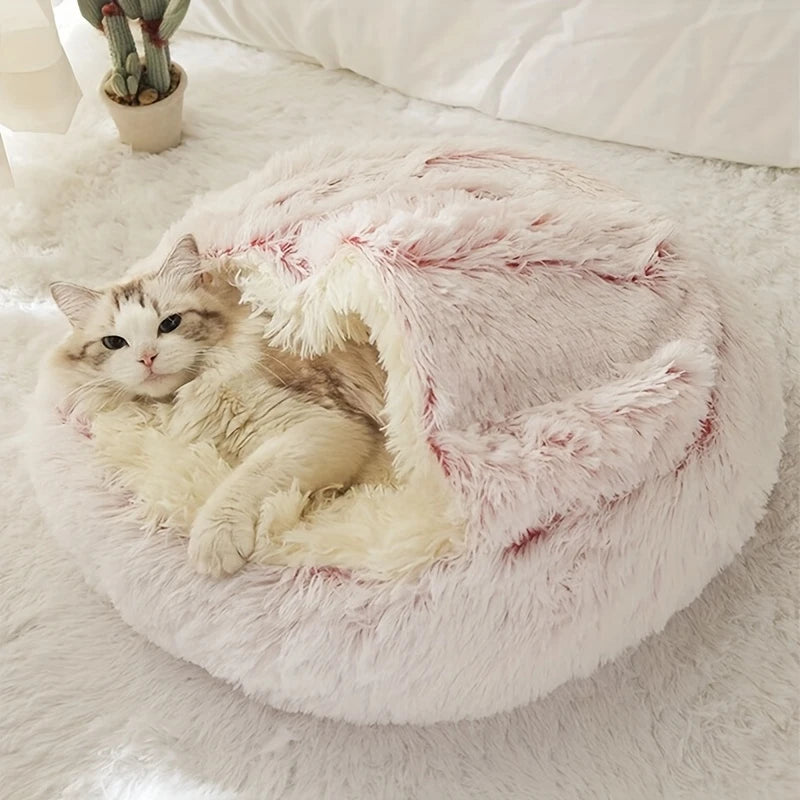Helle langhaarige Katze liegt in einer rosa muschelförmigen Plüsch-Katzenhöhle