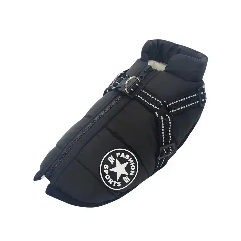 Schwarzer Winter-Hundemantel mit integriertem Geschirr und Rückenreissverschluss.