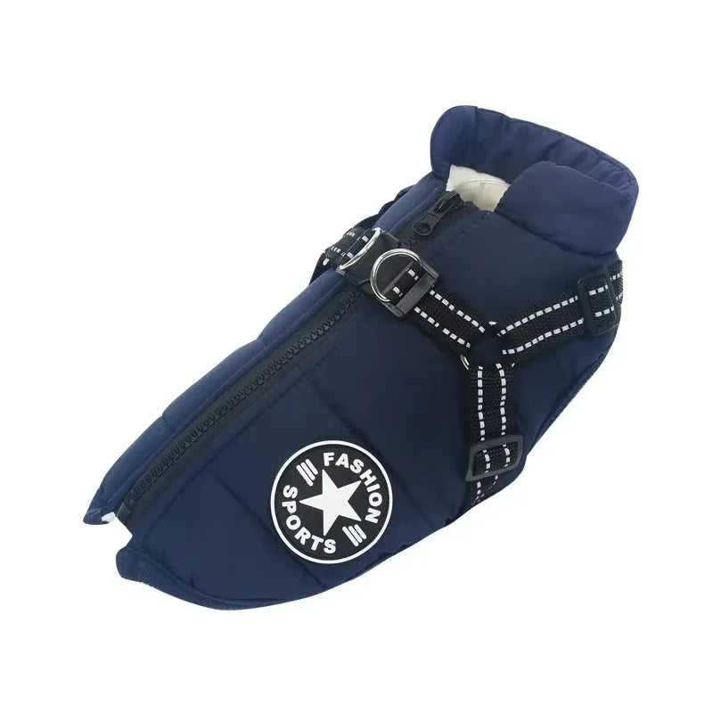 Dunkelblauer Winter-Hundemantel mit verstellbaren Geschirrgurten.
