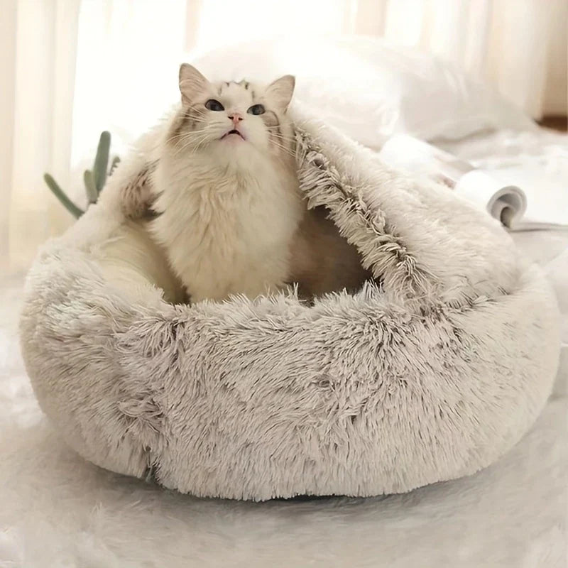 Helle langhaarige Katze sitzt in einer grauen Plüsch-Katzenhöhle vor einem hellen Vorhang