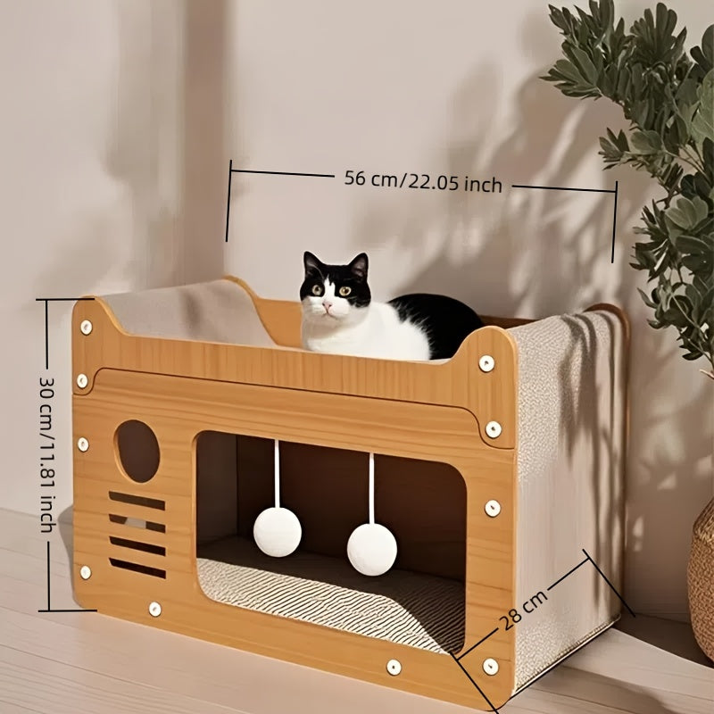 Katzenhaus im TV-Design mit Katze und Massangaben: 56 cm Breite, 28 cm Tiefe und 30 cm Höhe.