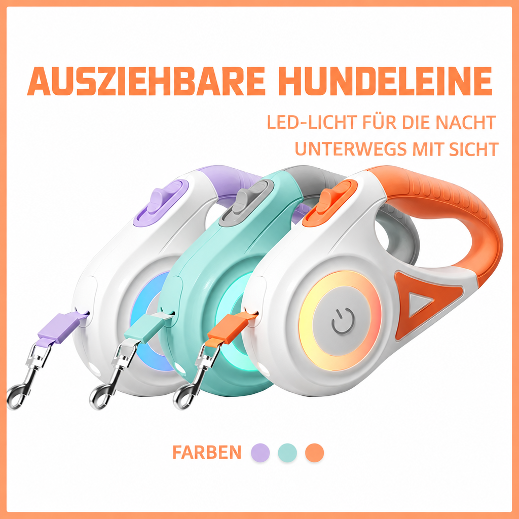 LED-Rollleinen in Violett, Türkis und Orange mit farbigen Leuchtringen und silberfarbenen Karabinern.
