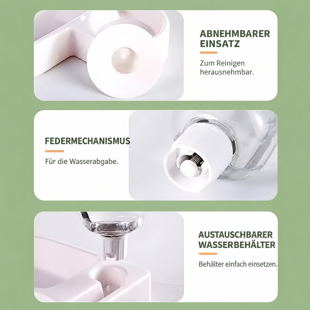 Detailübersicht mit abnehmbarem Trinkeinsatz, Federmechanismus für die Wasserabgabe und austauschbarem Wasserbehälter.