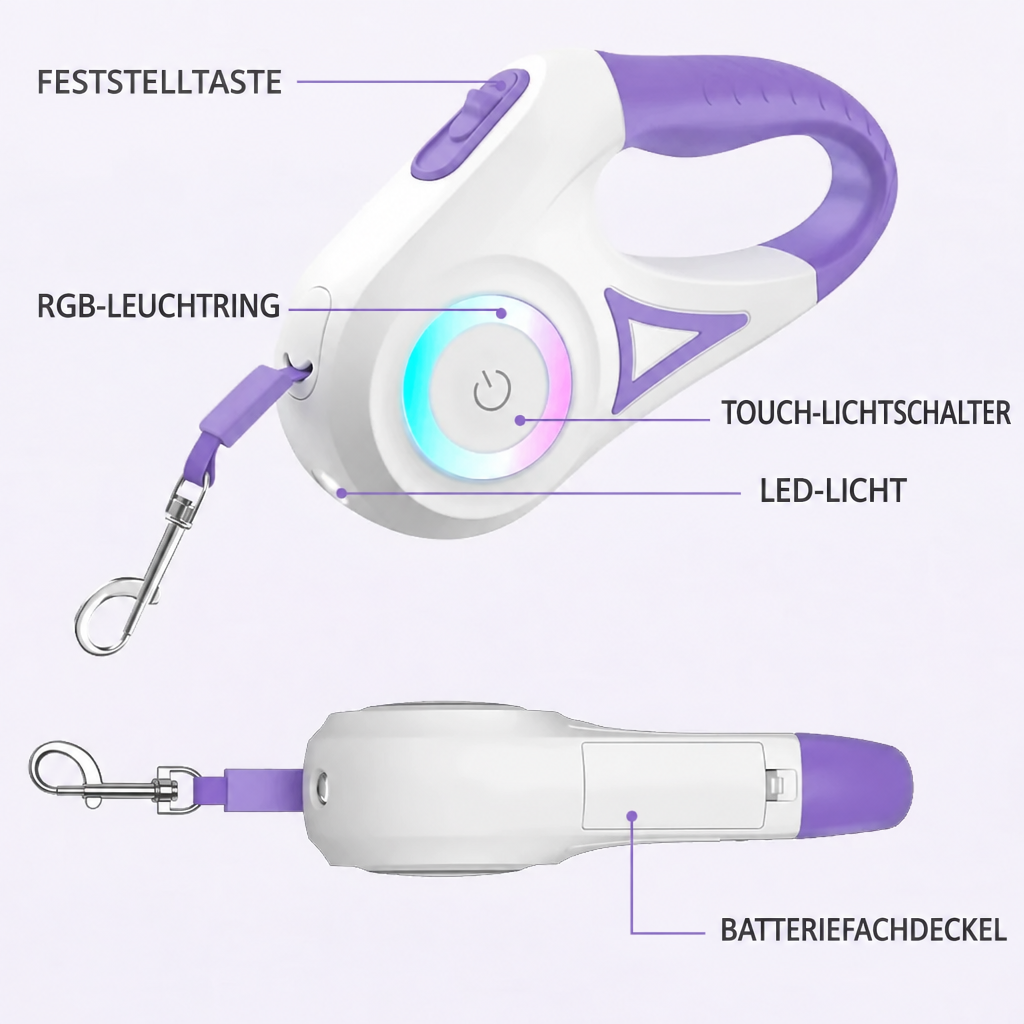 Violett-weisse LED-Rollleine mit markierter Feststelltaste, Leuchtring, Touch-Lichtschalter, LED-Licht und Batteriefach.