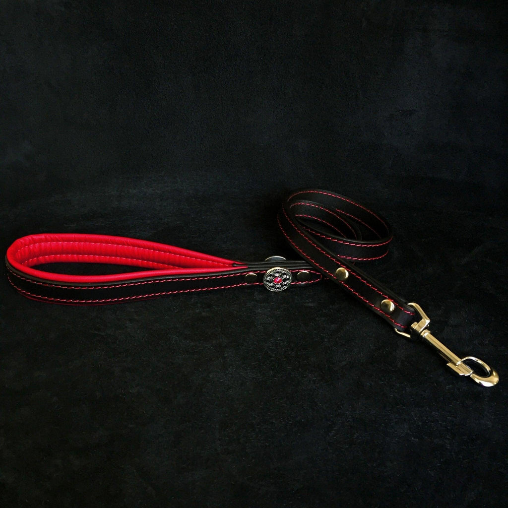 Schwarze Bijou-Lederleine mit rot gepolsterter Handschlaufe, roten Nähten und Metallkarabiner
