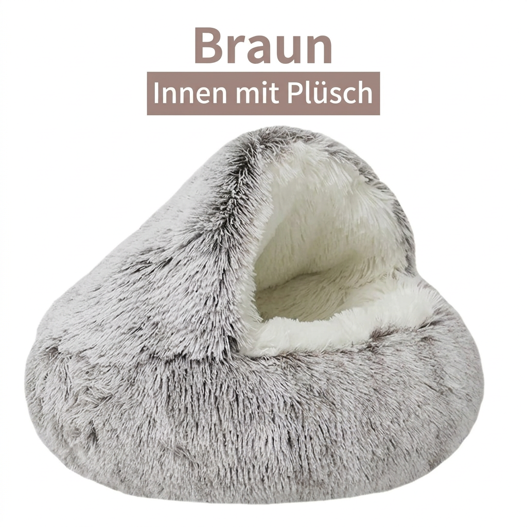 Katzenhöhle mit flauschigem, cremefarbenem Innenbereich, als Braun beschriftet.