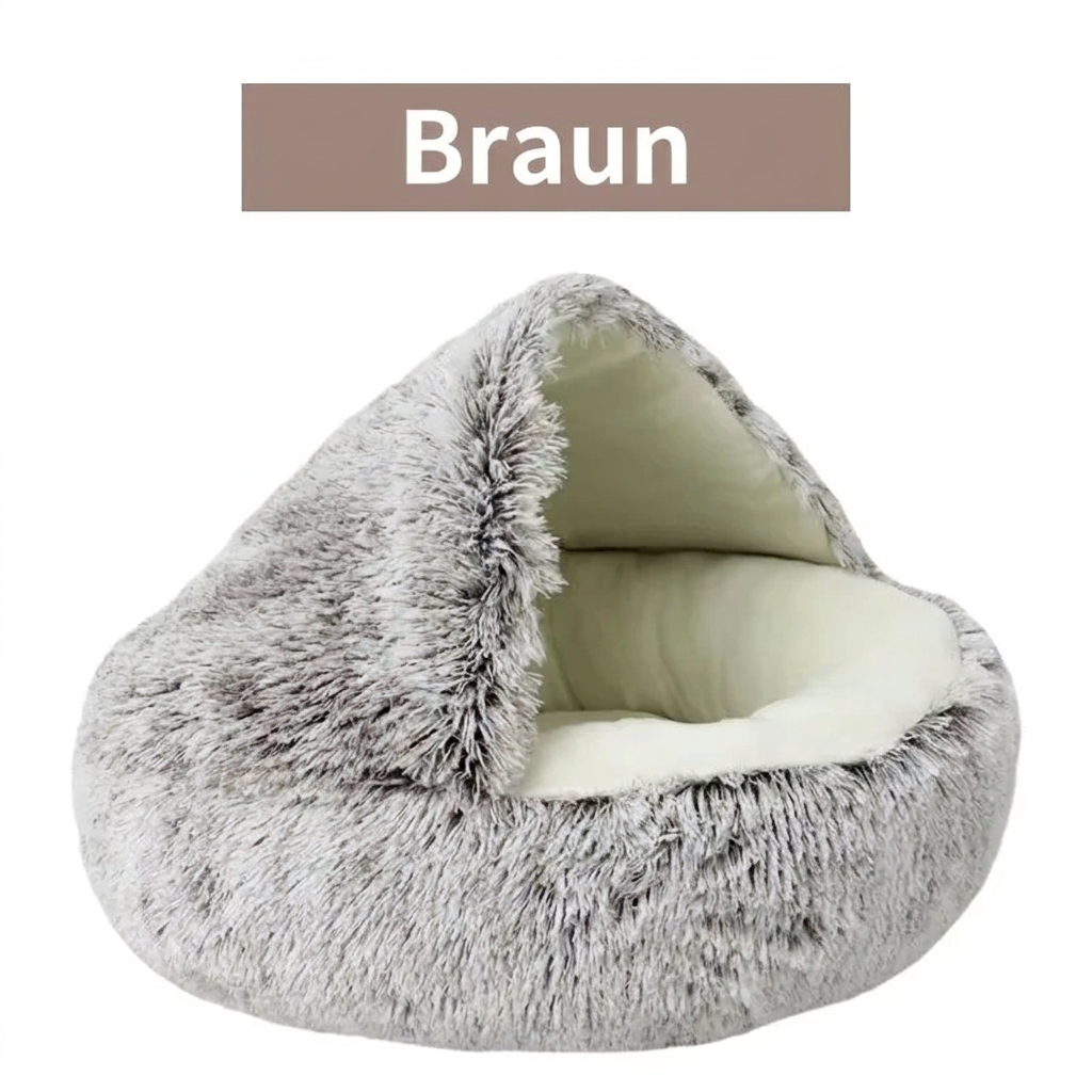 Katzenbett mit überdachter Liegefläche und cremefarbener Polsterung, als Braun beschriftet.