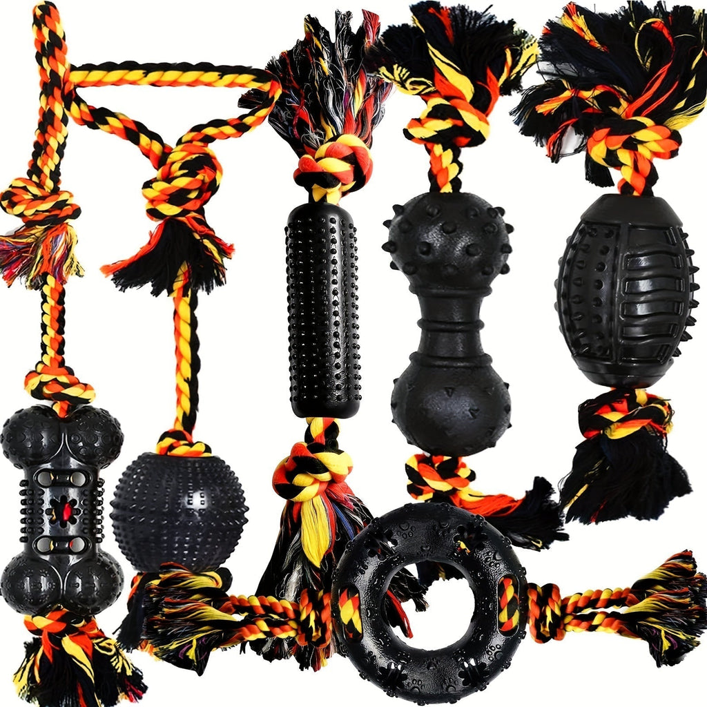 6-teiliges Hundespielzeug-Set mit schwarzen Gummiformen und geflochtenen Seilen in Gelb, Rot und Schwarz.