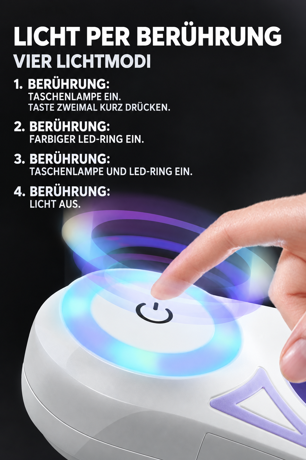 Finger am Touch-Lichtschalter der Rollleine; Anleitung für Taschenlampe, LED-Ring, kombinierte Beleuchtung und Ausschalten.