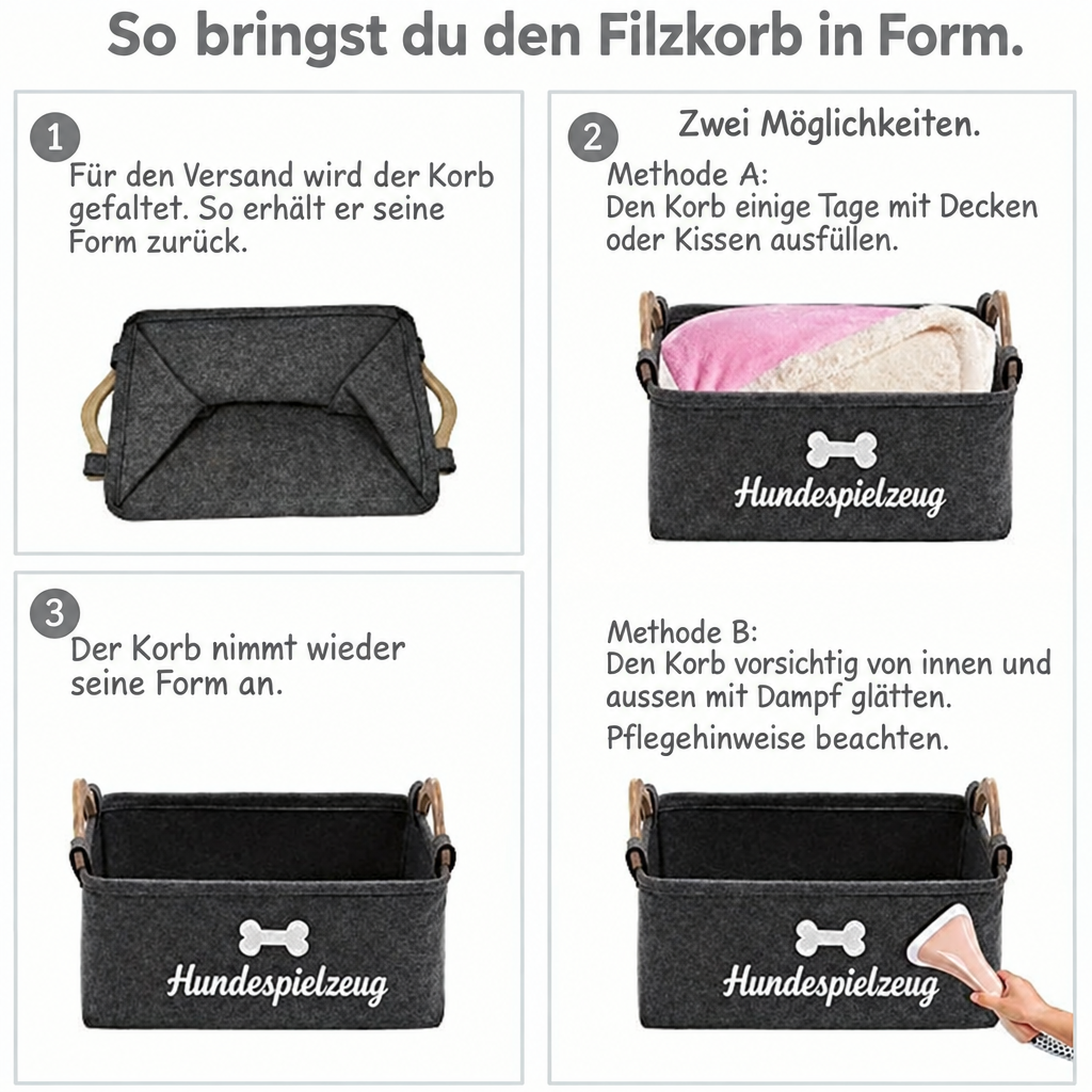 Deutsche Bildanleitung zum Formen des gefalteten Filzkorbs durch Ausfüllen oder vorsichtiges Dampfglätten