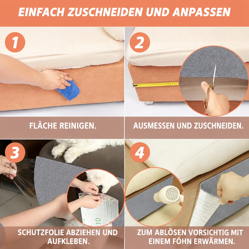 Deutsche Bildanleitung zum Reinigen, Ausmessen, Zuschneiden, Aufkleben und Ablösen der Kratzmatte