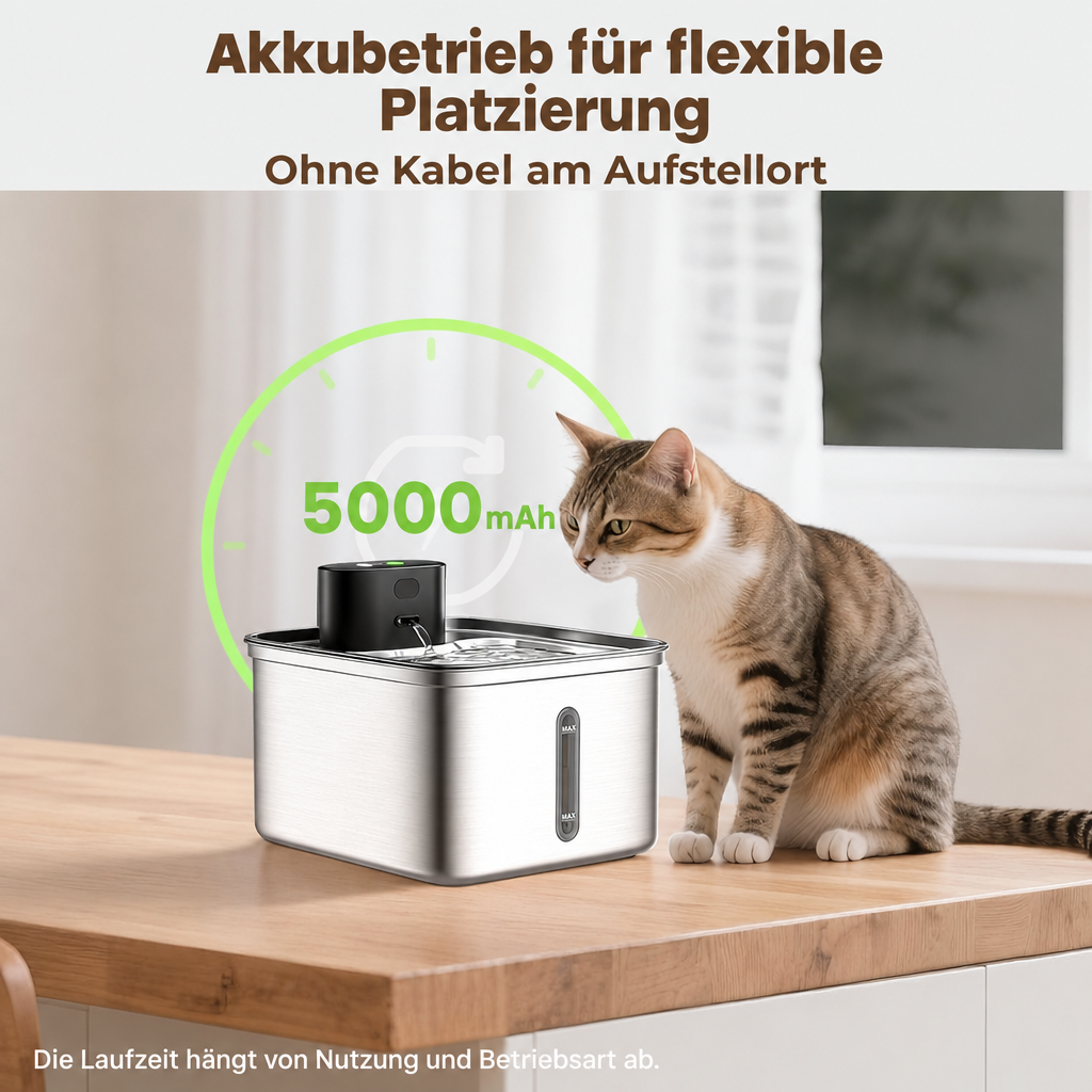 Getigerte Katze neben einem Edelstahl-Trinkbrunnen mit deutscher Beschriftung zum Akkubetrieb