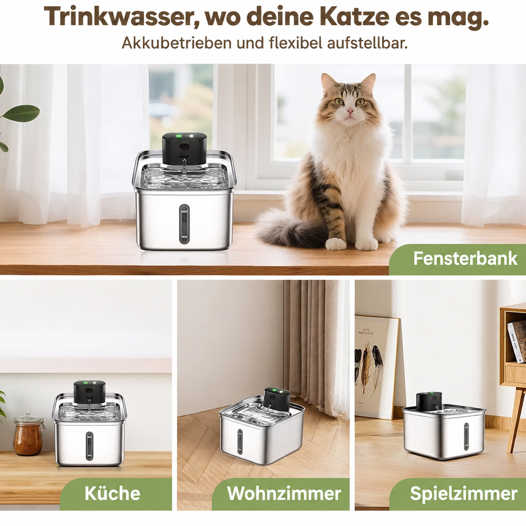 Collage des Trinkbrunnens auf einer Fensterbank neben einer Katze sowie in Küche, Wohnzimmer und Spielzimmer