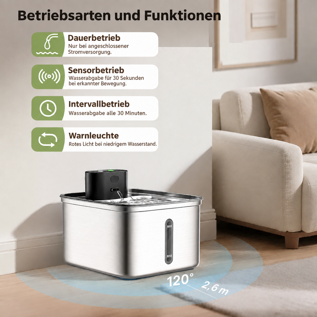 Edelstahl-Trinkbrunnen neben einem Sofa mit deutscher Übersicht zu Dauer-, Sensor- und Intervallbetrieb sowie Warnleuchte