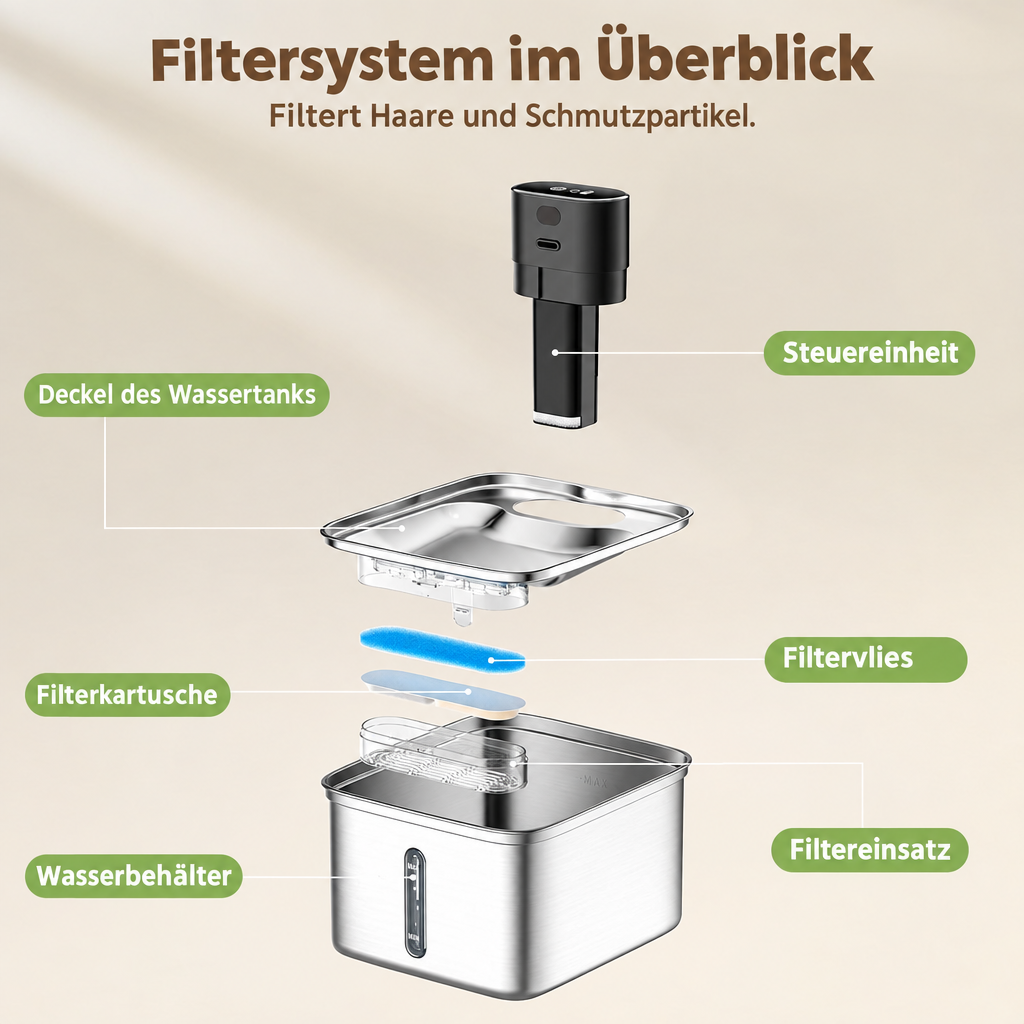 Explosionsdarstellung des Trinkbrunnens mit deutschen Beschriftungen für Steuereinheit, Deckel, Filter und Wasserbehälter