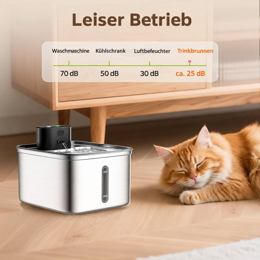Orangefarbene Katze schläft neben dem Trinkbrunnen, darüber eine deutsche Geräuschvergleichsgrafik