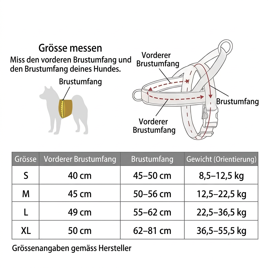 Deutsche Grössentabelle mit Zentimeterangaben gemäss Hersteller