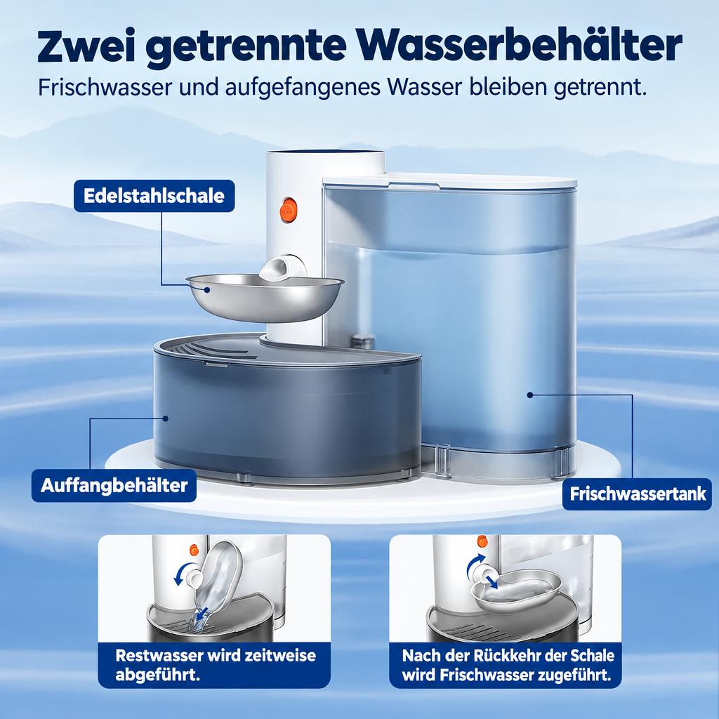 Trinkbrunnen mit beschrifteter Edelstahlschale, Auffangbehälter und Frischwassertank sowie zwei Ablaufgrafiken