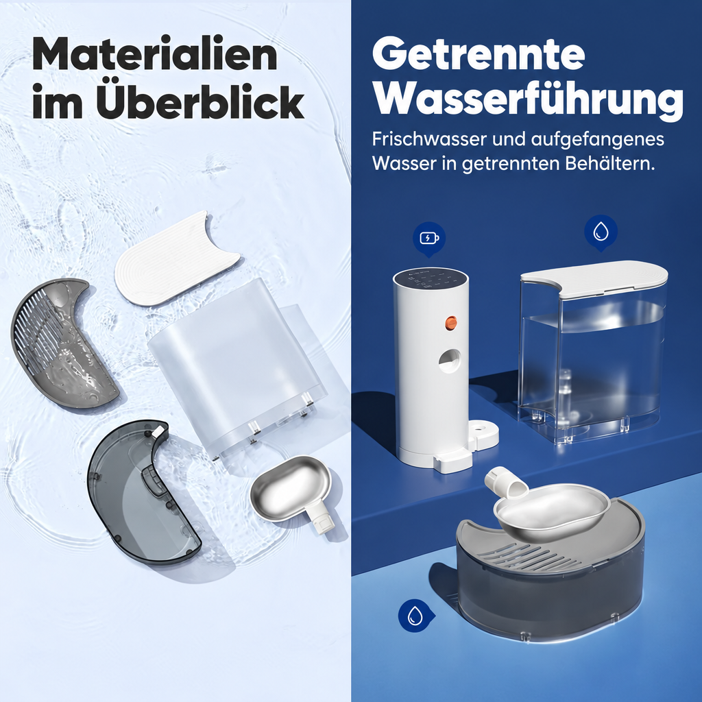 Einzelteile des Trinkbrunnens und Darstellung der getrennten Wasserführung mit deutschen Beschriftungen