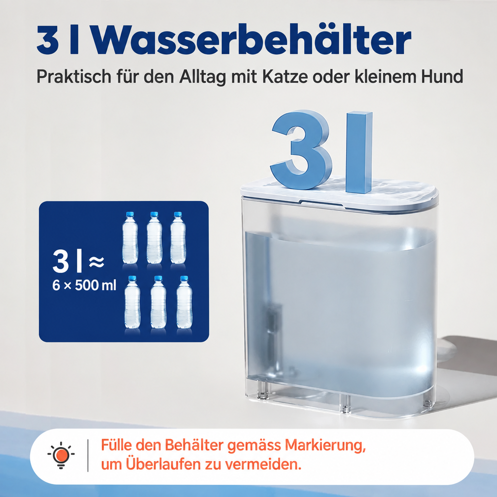Transparenter 3-Liter-Wasserbehälter mit Grössenvergleich zu sechs 500-ml-Flaschen