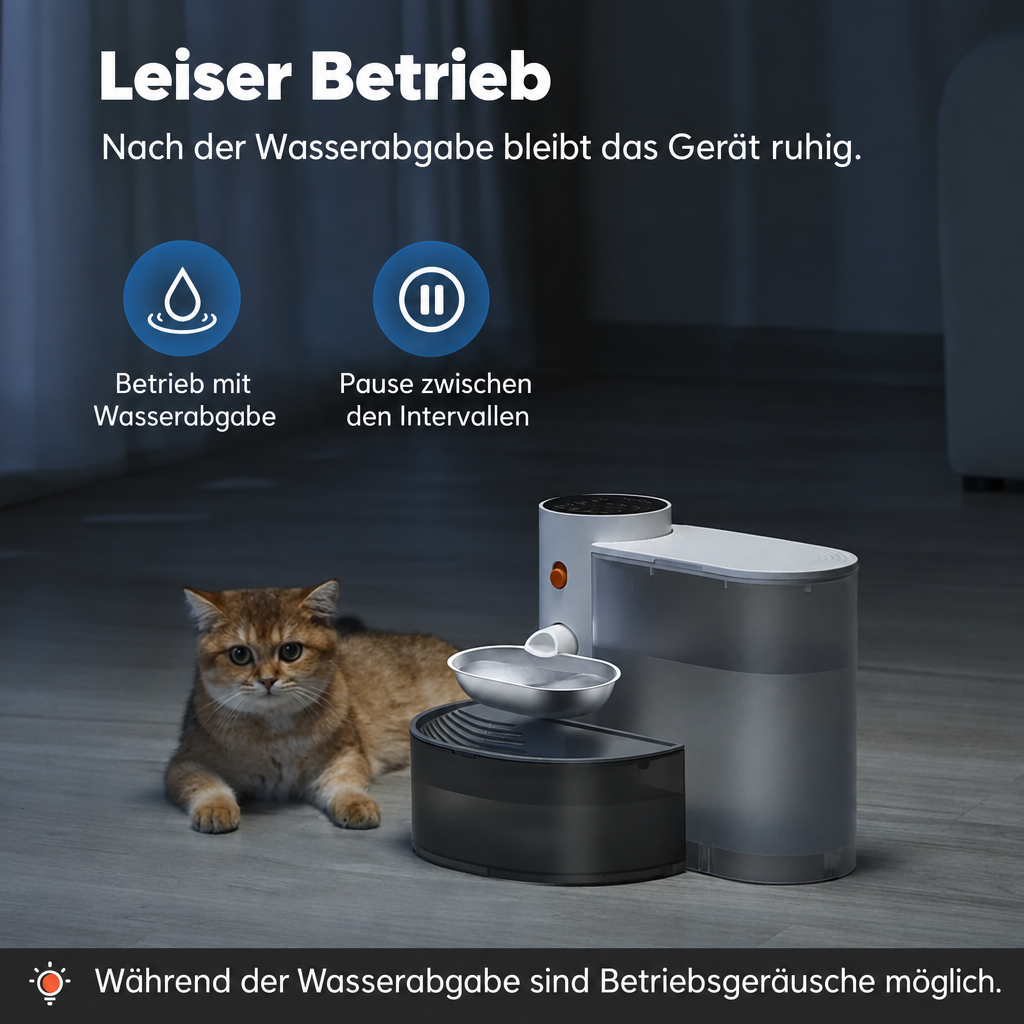 Katze neben dem Trinkbrunnen auf dunklem Hintergrund mit der Aufschrift «Leiser Betrieb» und Symbolen für Wasserabgabe und Pause