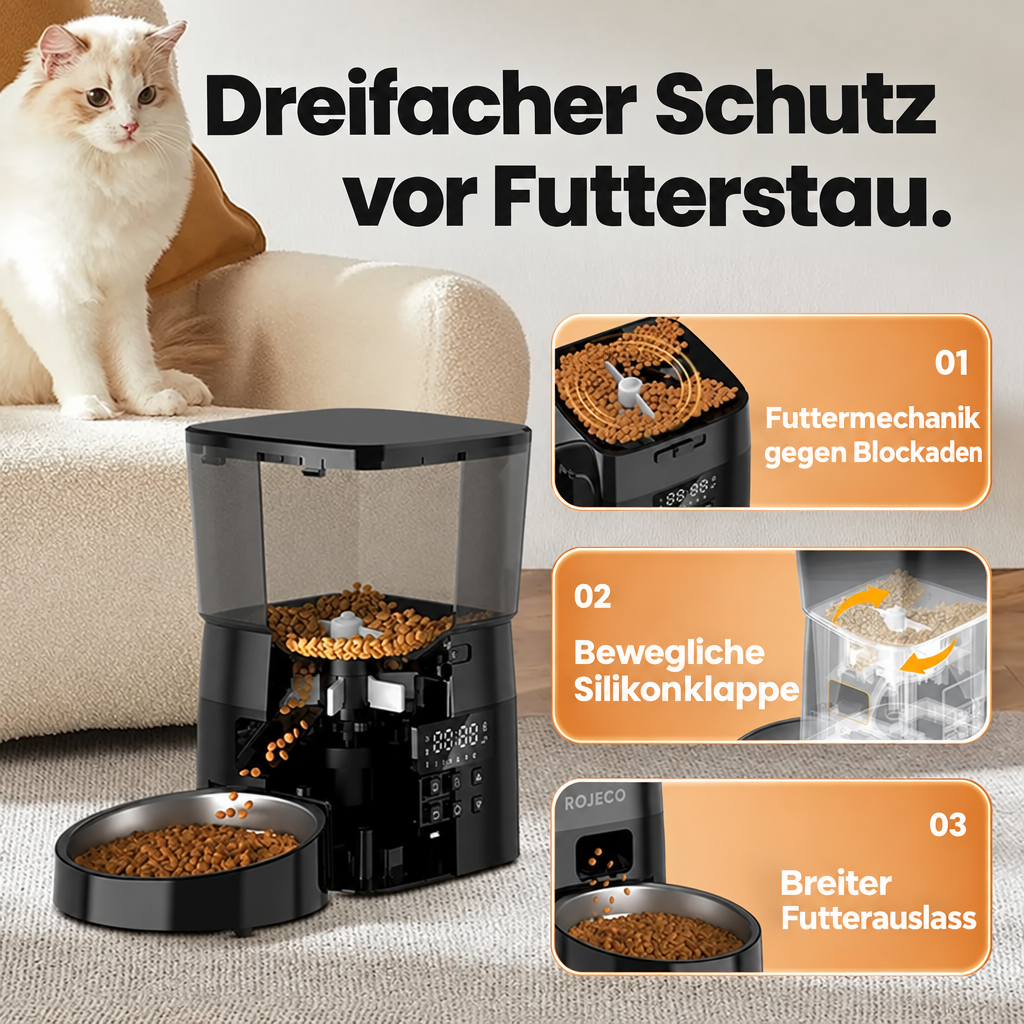 Schnittansicht des Futterautomaten mit Futtermechanik, beweglicher Silikonklappe und breitem Futterauslass.