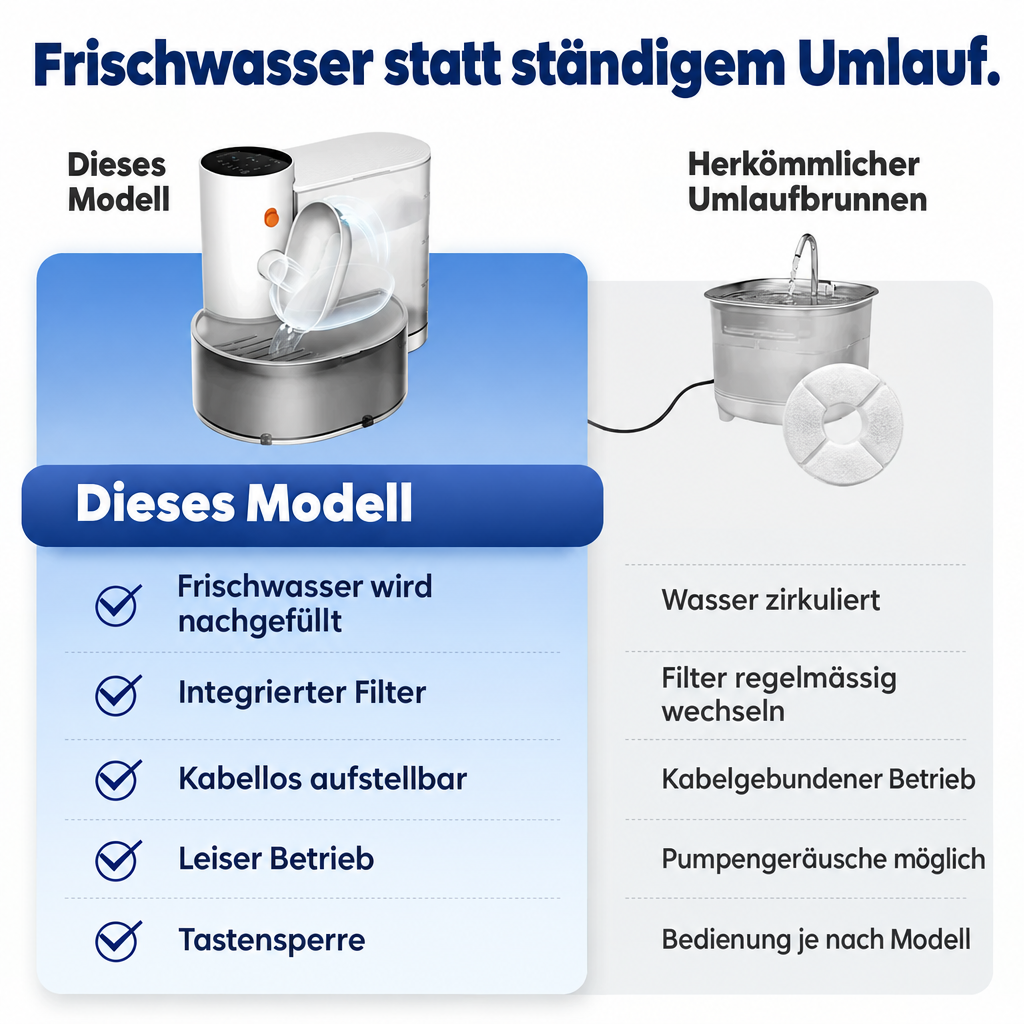 Deutsche Vergleichsgrafik des PureFlow-Trinkbrunnens und eines herkömmlichen Umlaufbrunnens