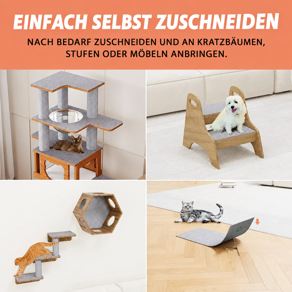 Collage mit zugeschnittenen Kratzmatten an einem Kratzbaum, einer Haustiertreppe, Wandstufen und auf dem Boden