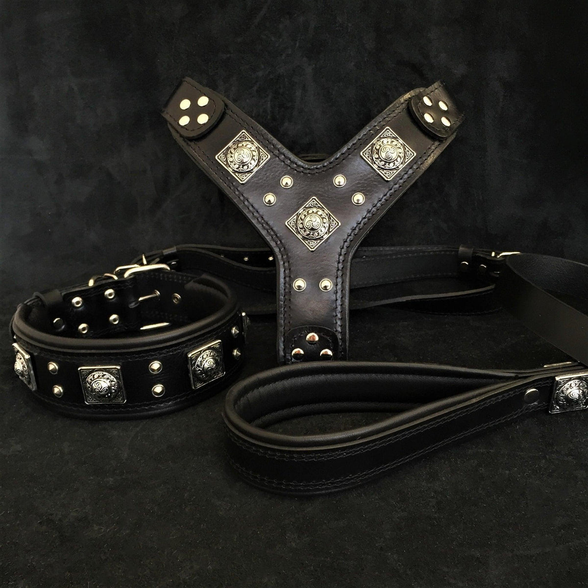 Schwarzes Eros-Lederset aus Geschirr, Halsband und Leine mit silberfarbenen Nieten und verzierten quadratischen Beschlägen auf dunklem Hintergrund