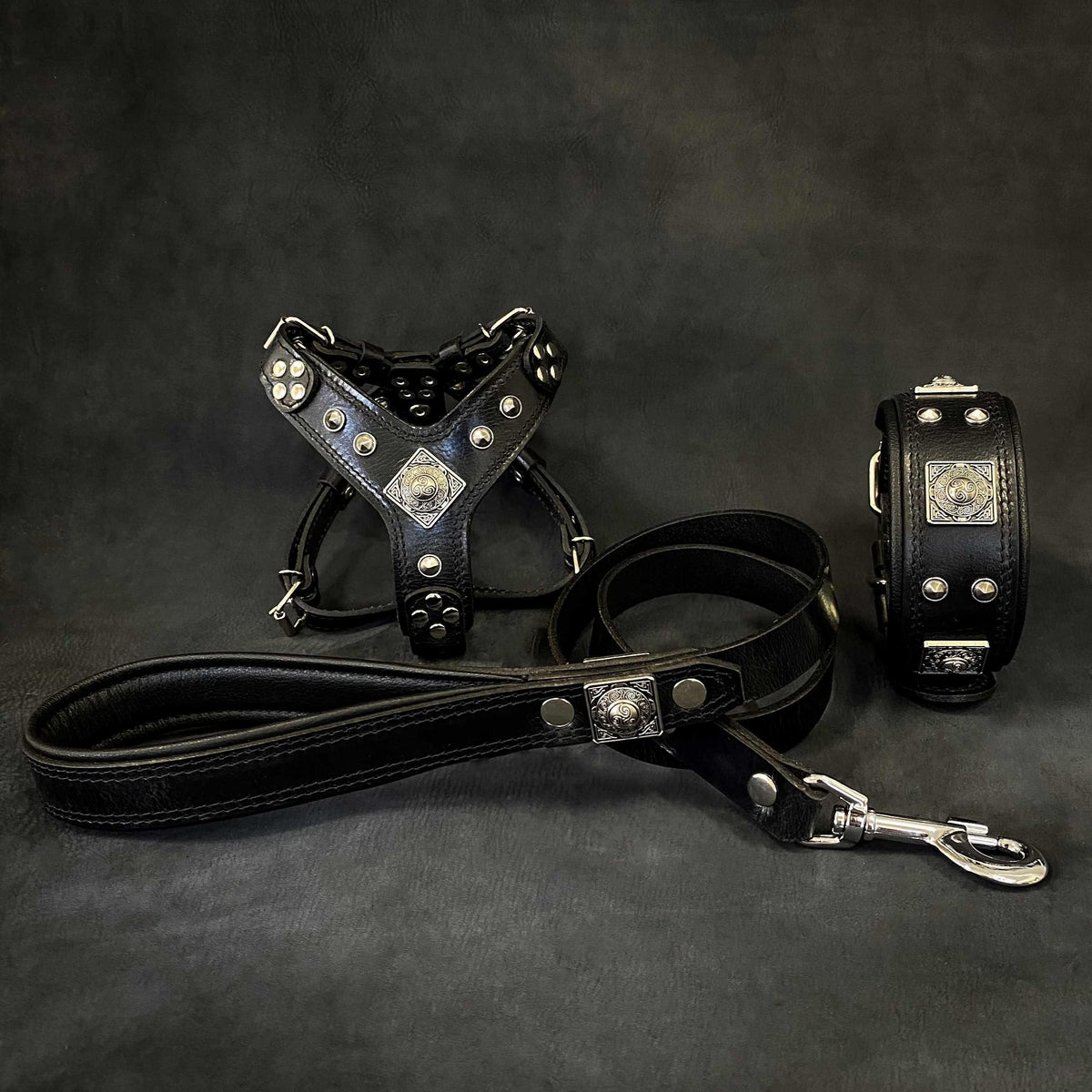 BESTIA EROS Hundeset aus schwarzem Leder mit Geschirr, Halsband und Leine, verziert mit silberfarbenen Nieten und Zierelementen.