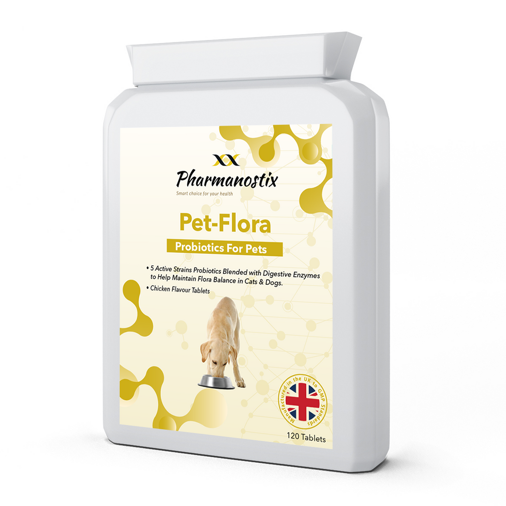 Pet-Flora von Pharmanostix, weisse Dose mit gelbem Etikett für 120 Probiotika-Tabletten mit Huhngeschmack