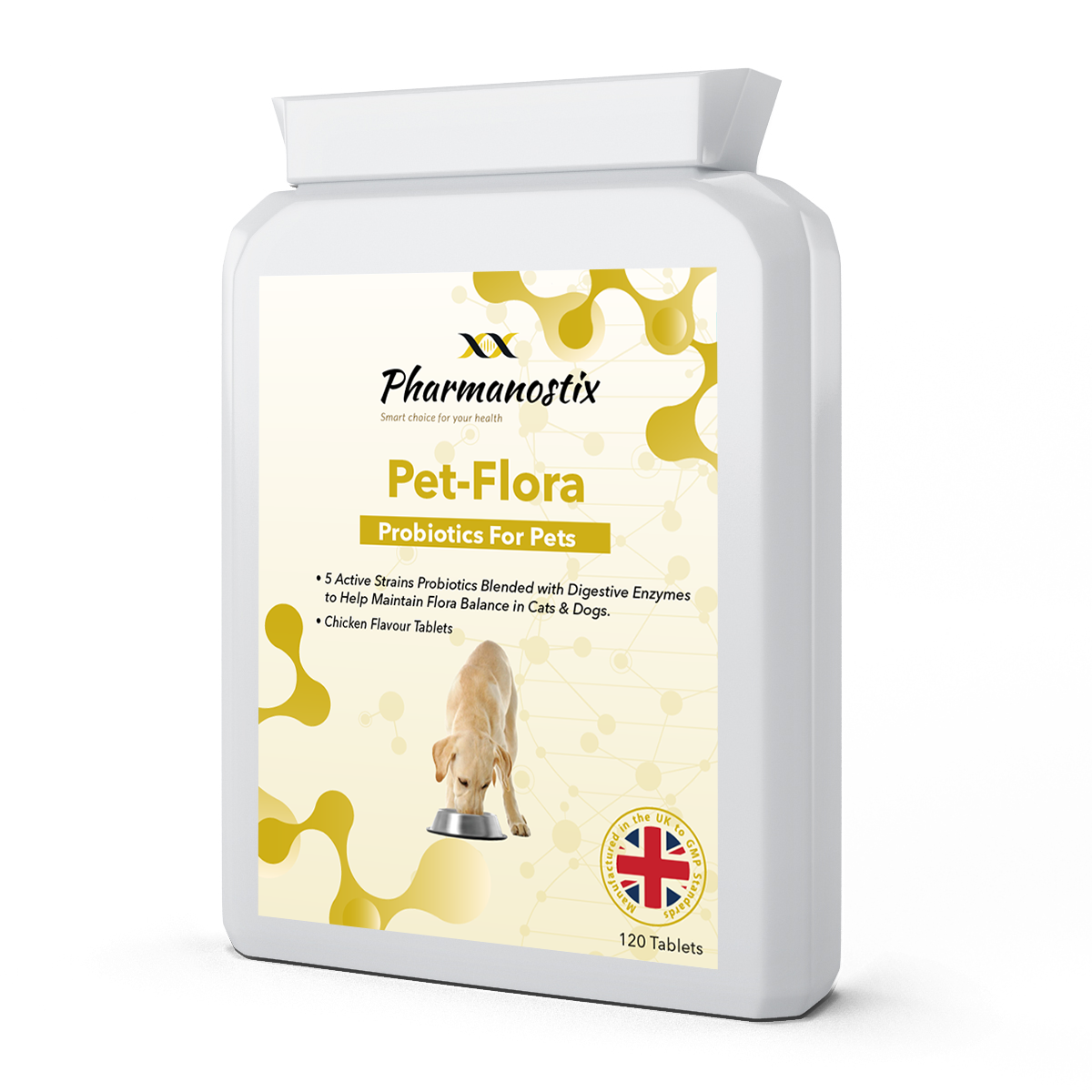 Pet-Flora von Pharmanostix, weisse Dose mit gelbem Etikett für 120 Probiotika-Tabletten mit Huhngeschmack