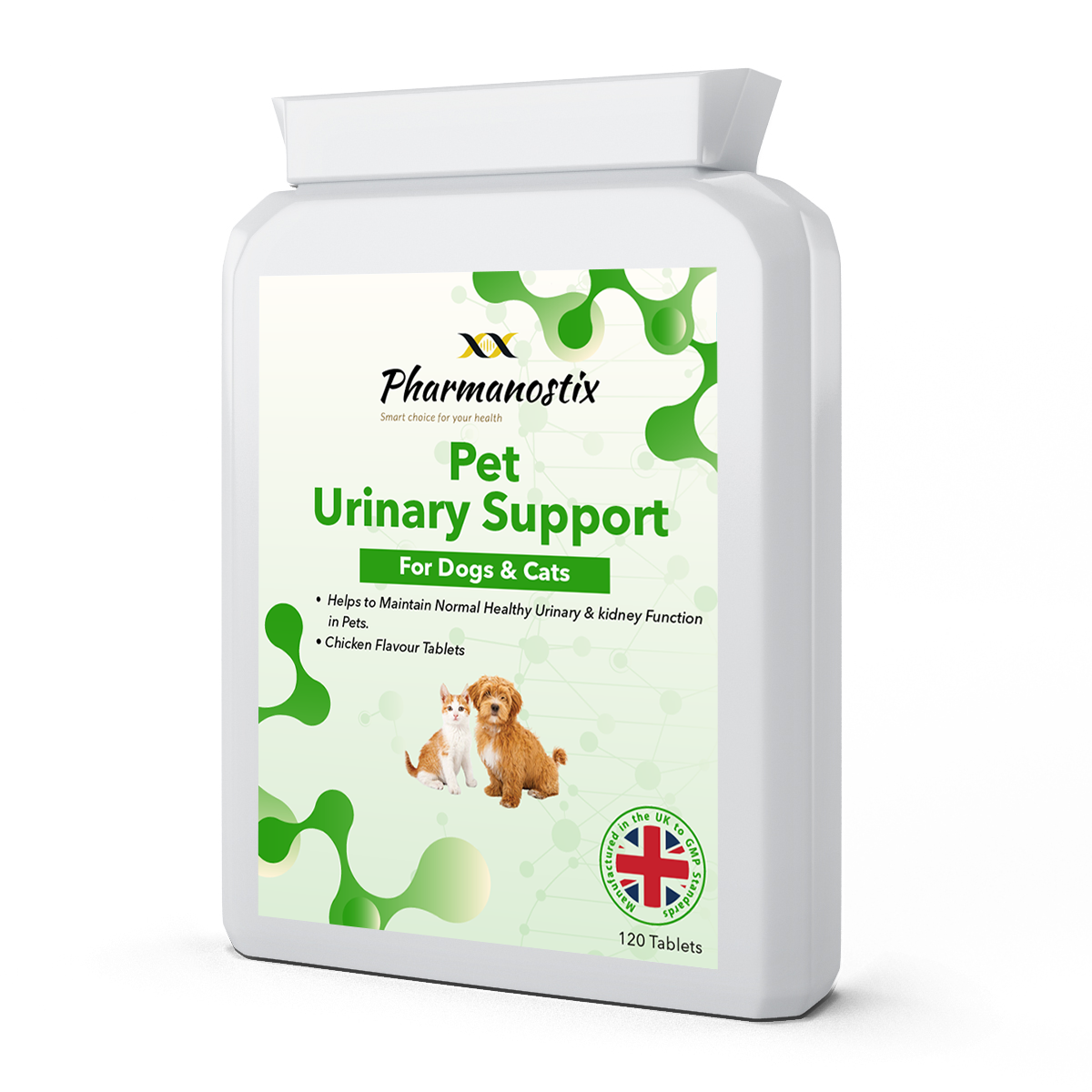 Pet Urinary Support für Hunde und Katzen, Dose mit 120 Tabletten mit Pouletgeschmack, Vorderseite.