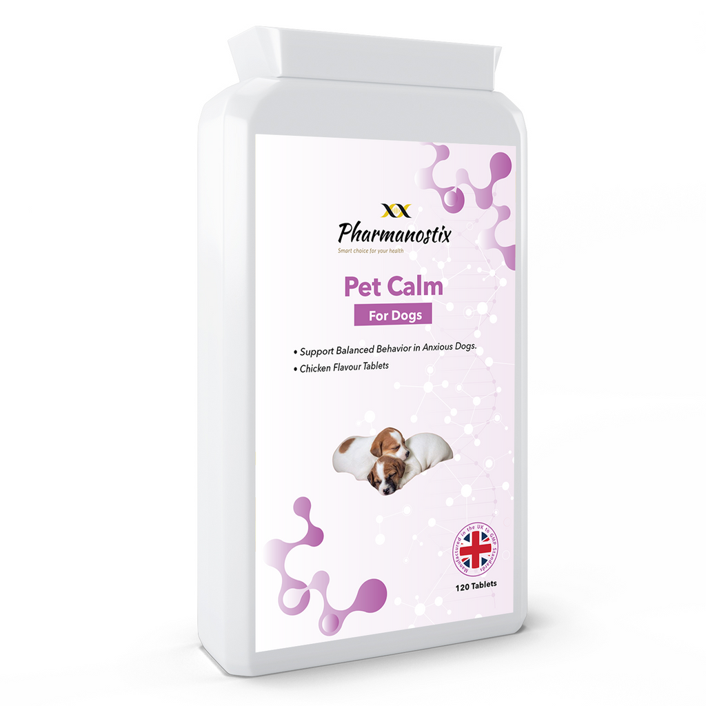 Pet Calm für Hunde von Pharmanostix, Dose mit 120 Tabletten mit Pouletgeschmack, Vorderseite.
