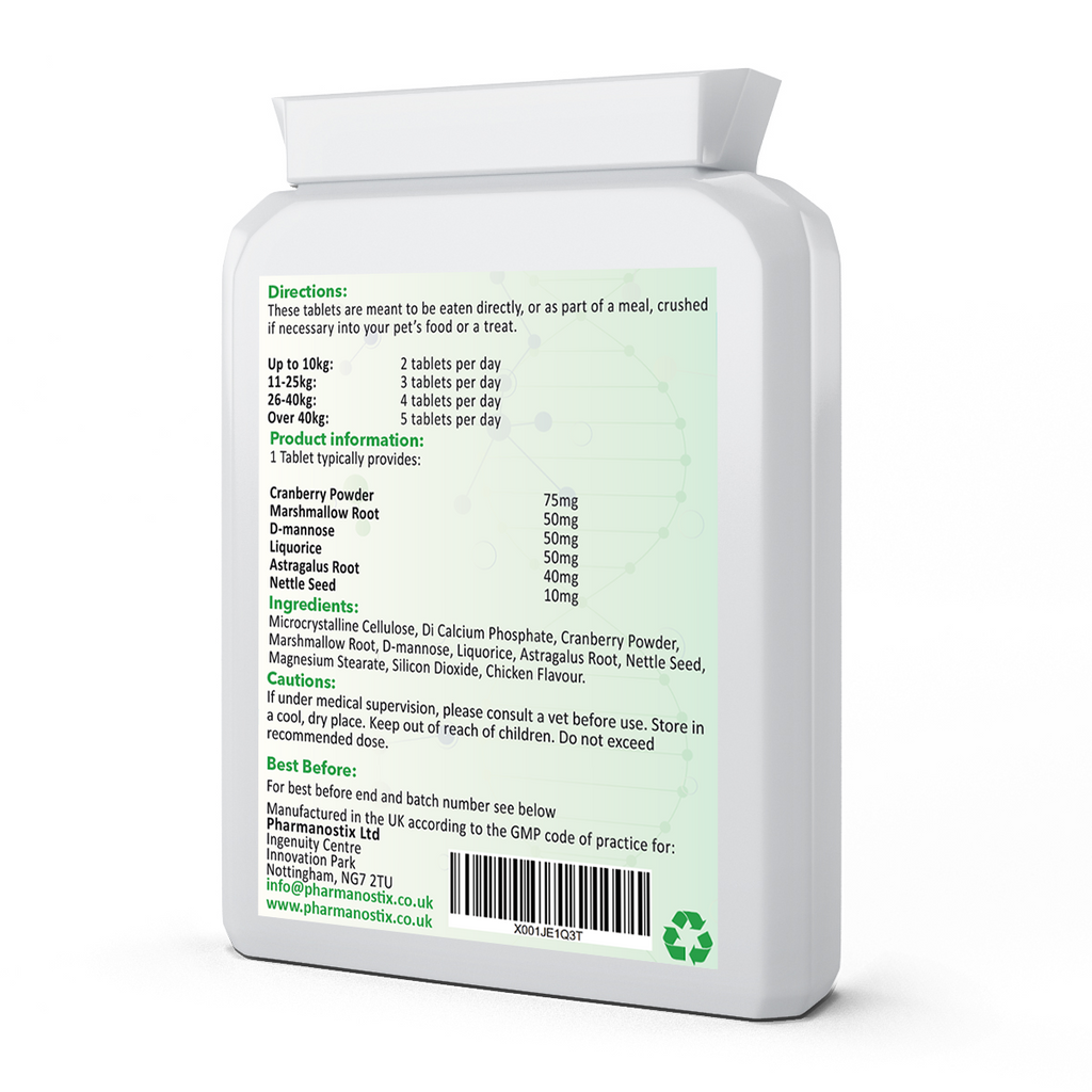 Rückseite der Pet Urinary Support-Dose mit englischen Angaben zu Dosierung, Inhaltsstoffen und Anwendung.