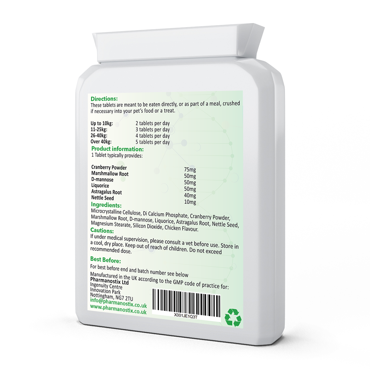 Rückseite der Pet Urinary Support-Dose mit englischen Angaben zu Dosierung, Inhaltsstoffen und Anwendung.