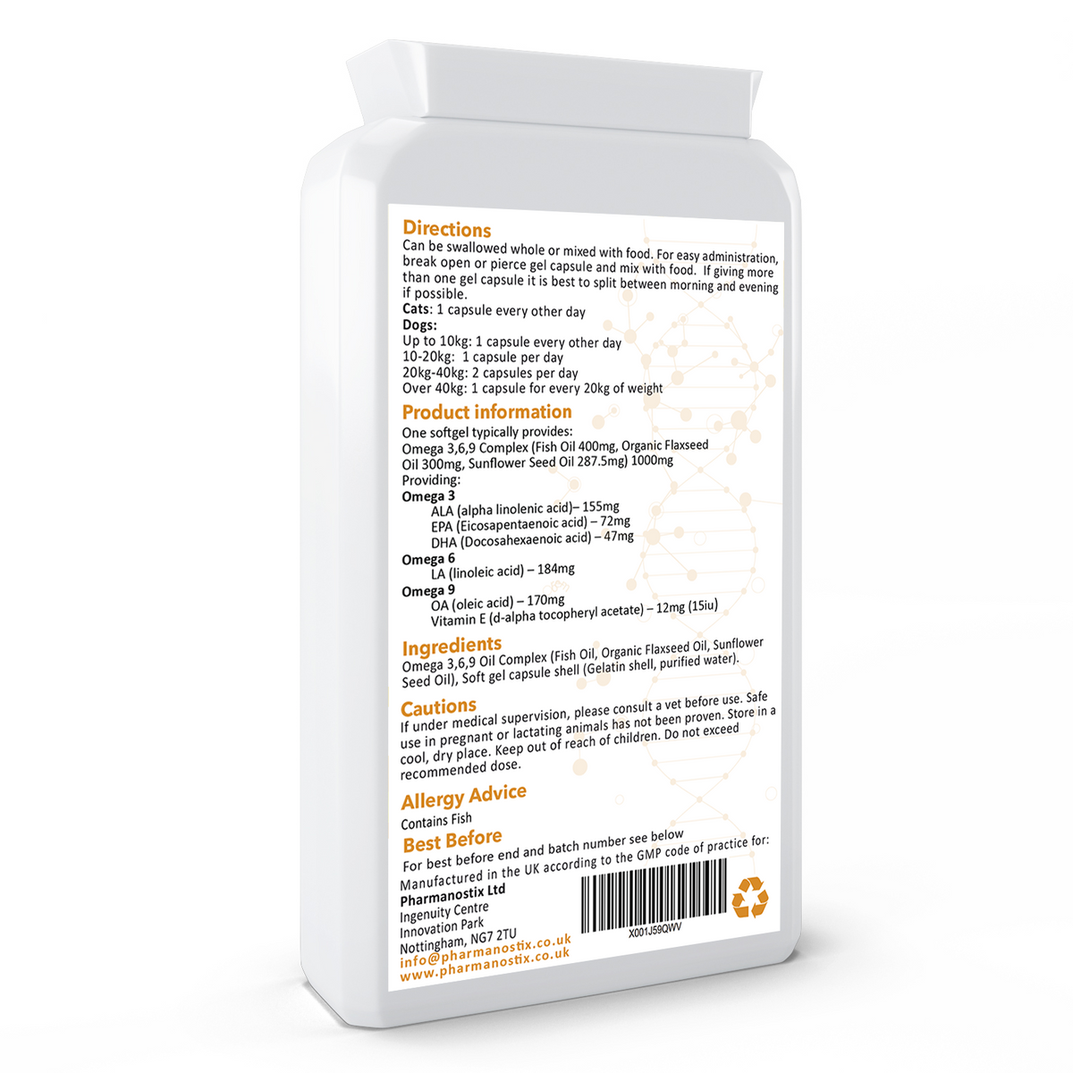 Rückseite der PetMega-Dose mit englischen Angaben zu Dosierung, Inhaltsstoffen und Anwendung.