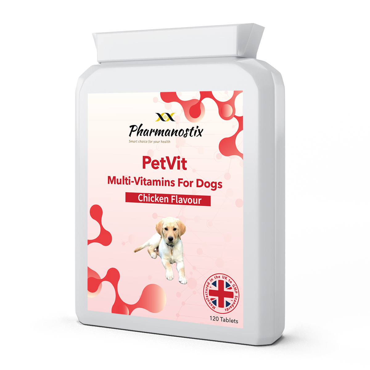 PetVit Multivitamine für Hunde, Dose mit 120 Tabletten mit Pouletgeschmack, Vorderseite.
