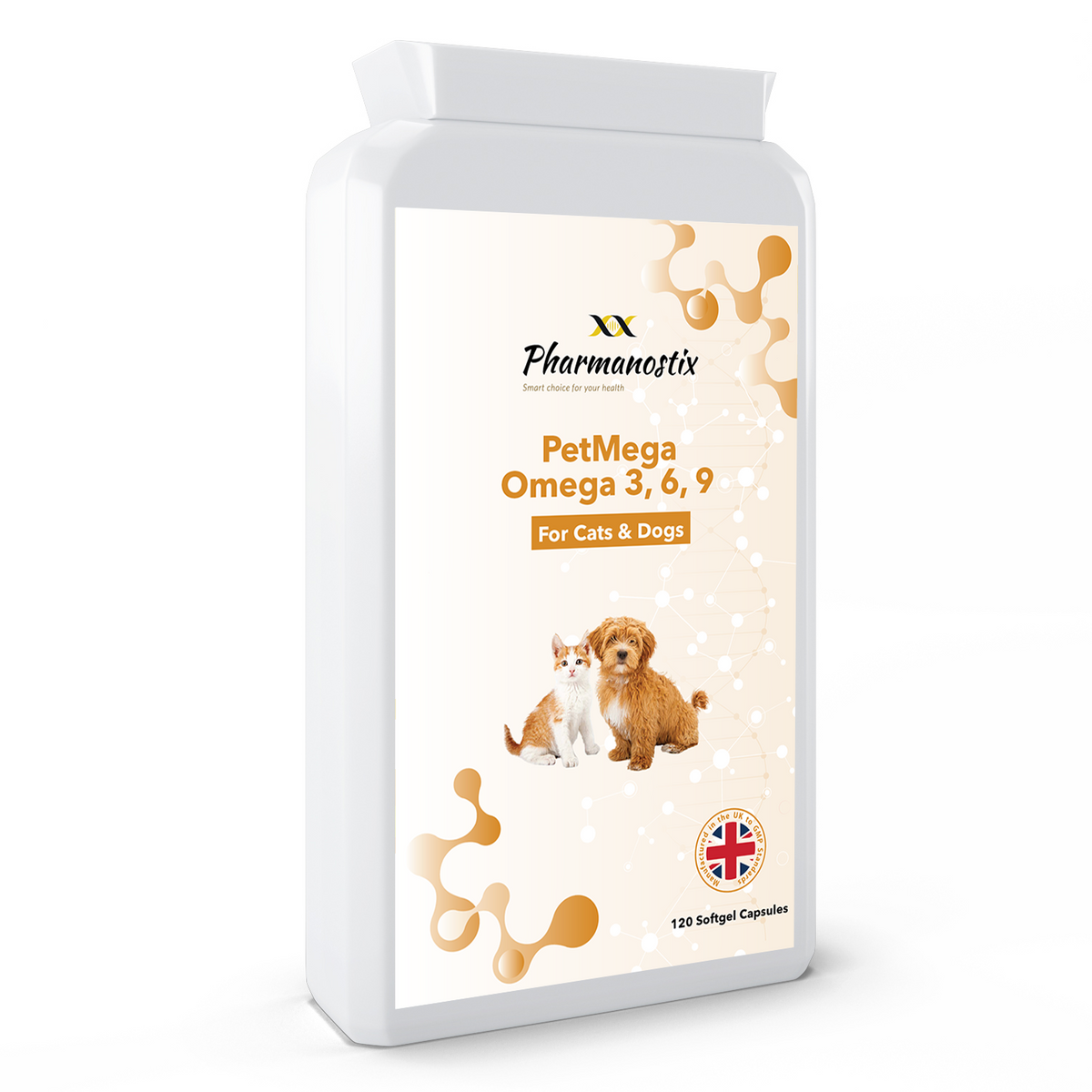 PetMega Omega 3, 6 und 9 für Hunde und Katzen, Dose mit 120 Softgel-Kapseln, Vorderseite.
